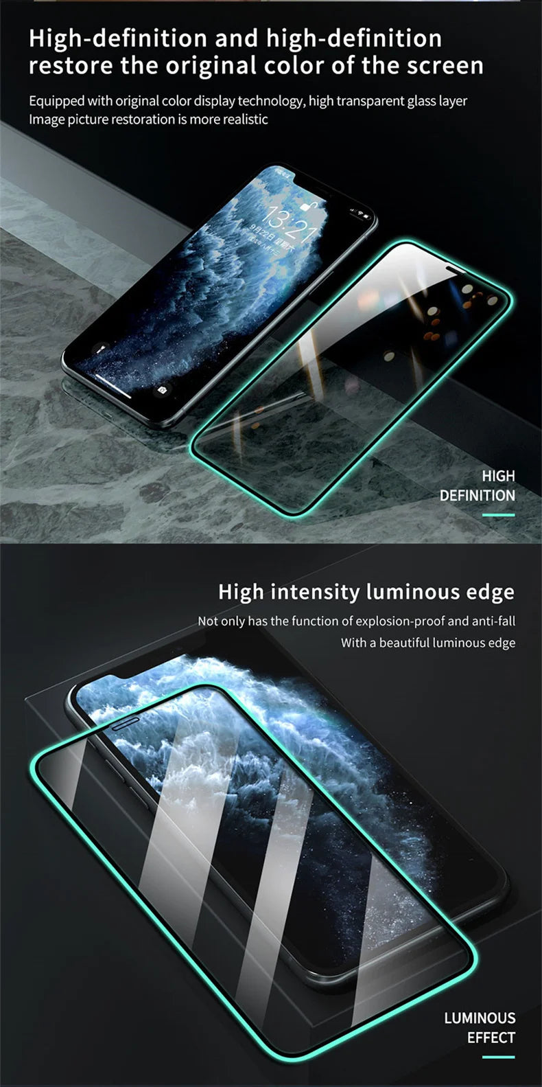 Luminous Protective Glass For iPhone 12 Pro 7 8 6s Plus X XS 11 Pro Max XR Screen Protector Airbag Tempered Glass For iPhone 11