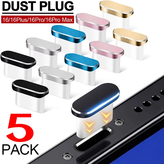 5Pcs 16PM Metal Dust Plug For iPhone 16 15 Pro Max Plus USB Type C Charge Port Plugs Stopper Mobile Phone Type-C Protection Cap