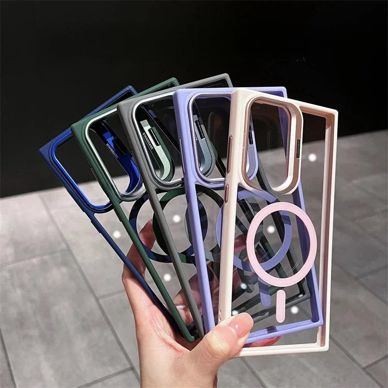 For Magsafe Hidden Holder Clear Case For Samsung Galaxy S25 S24 Ultra S22 Plus S23 FE Shockproof Magnetic Wirelesss Charge Cover