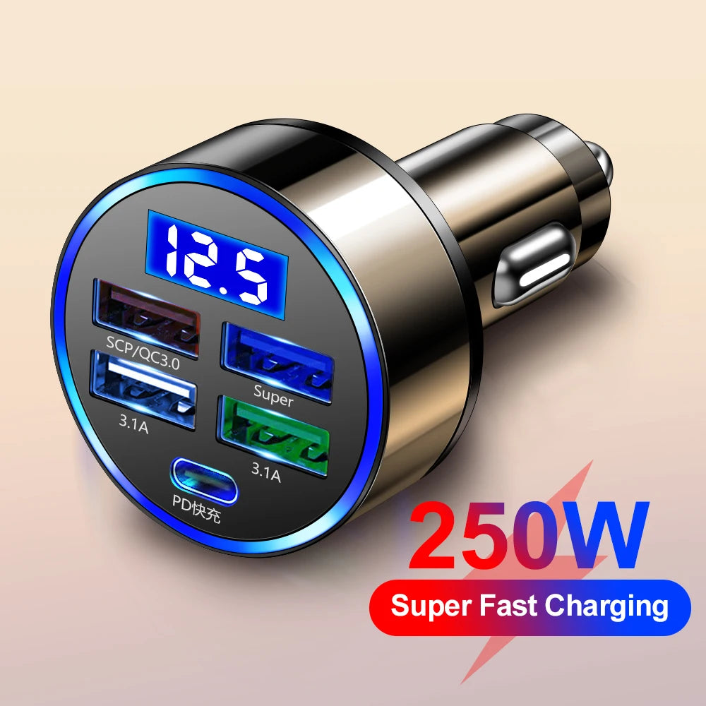 250W LED Car Charger 5 Ports Fast Charge PD QC3.0 USB C Car Phone Charger Type C Adapter in Car For iphone Samsung Huawei Xiaomi