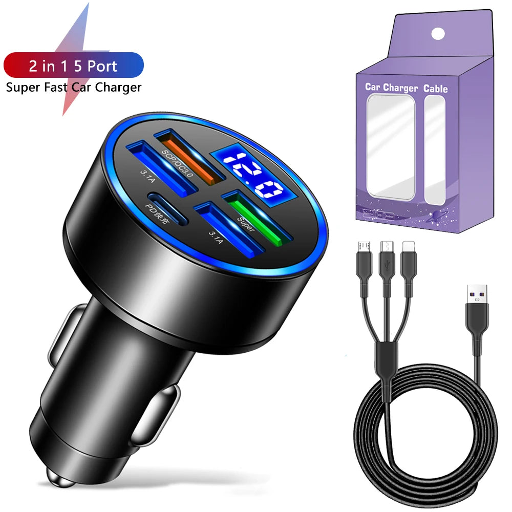 250W LED Car Charger 5 Ports Fast Charge PD QC3.0 USB C Car Phone Charger Type C Adapter in Car For iphone Samsung Huawei Xiaomi