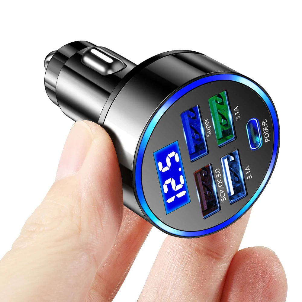 250W LED Car Charger 5 Ports Fast Charge PD QC3.0 USB C Car Phone Charger Type C Adapter in Car For iphone Samsung Huawei Xiaomi