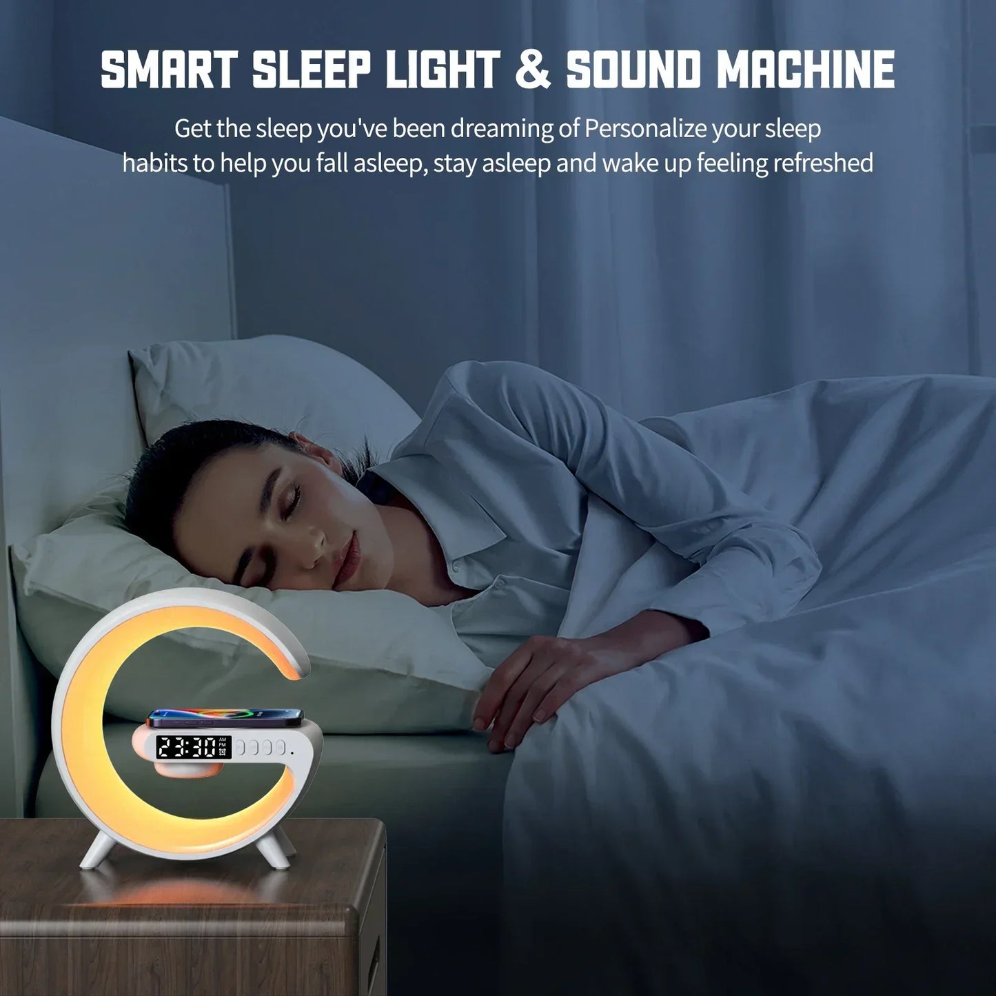 G Atmosphere Goodnight Light Wireless Charger Speaker Clock 6 Lighting Modes for iPhone 15 14 13 Samsung Fast Charging Station