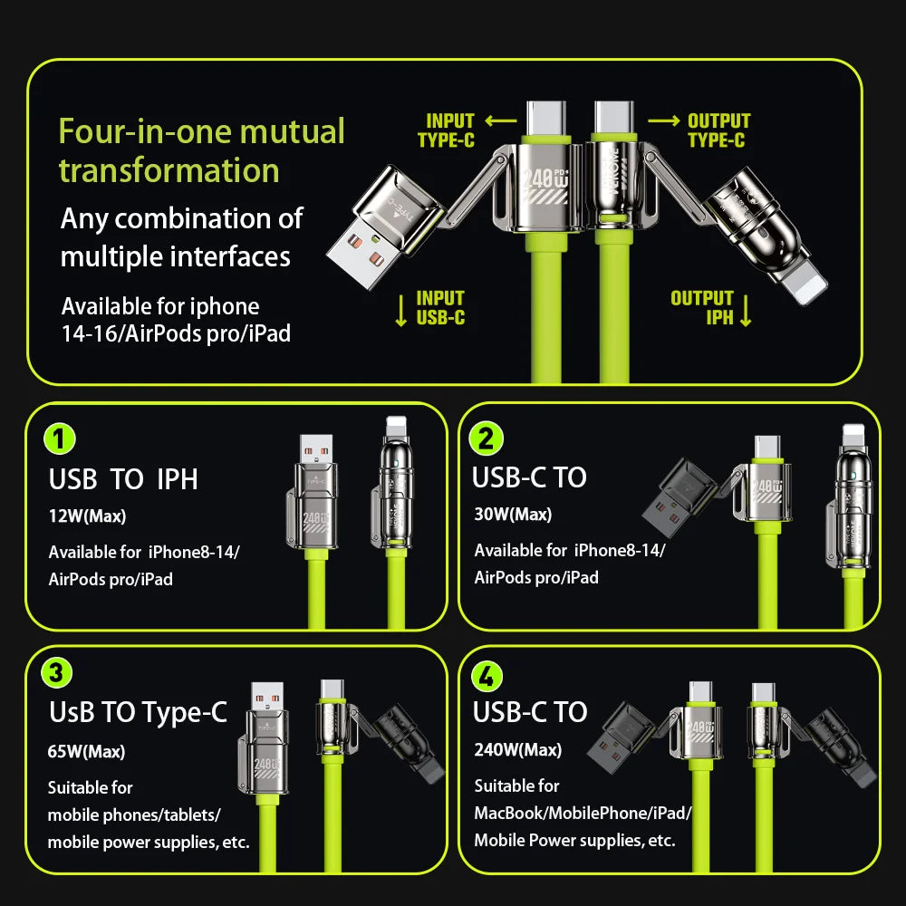 4-in-1 Kirsite Cable 240W Super Fast Charging Multiple Functions for iPhone8-16 ProMax iPad Notebook Tablet Mobile Phone Samsung