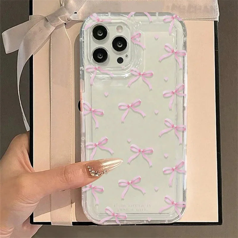 Cute Pink Heart Bow Case for IPhone 16 15 14 13 12 11 Pro Max 13 12Mini XS XR 7 8Plus SE 2022 Shockproof Soft Clear Cases Coque