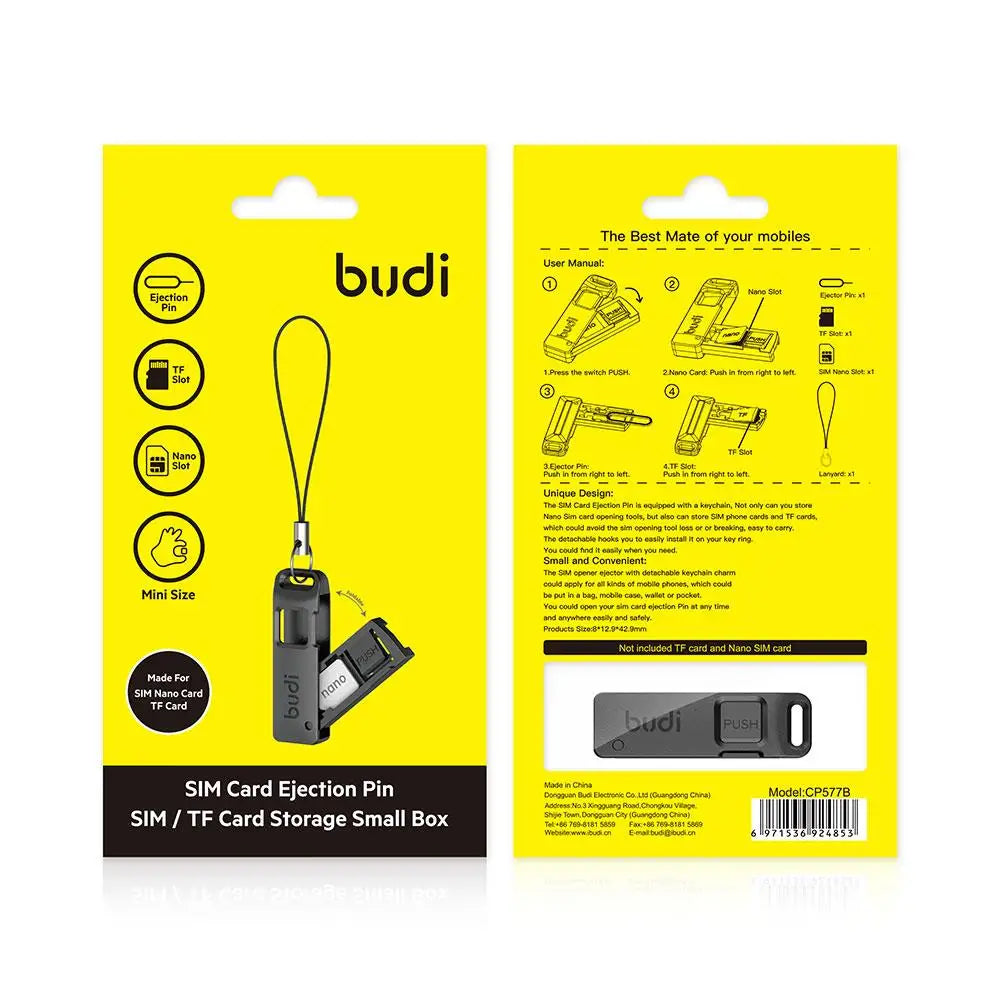 BUDI Anti-Lost Sim Card Eject Pin Needle Storage Box Universal Mobile Phone Steel Ejector Pin SIM TF Card Tray Opener Keyring